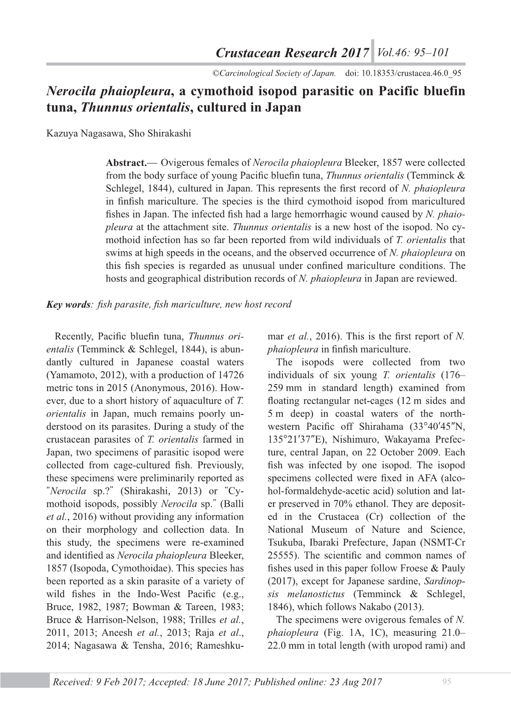 Crustacean Research 46 Crustacean Research 46 a CYMOTHOID ISOPOD in FISH MARICULTURE