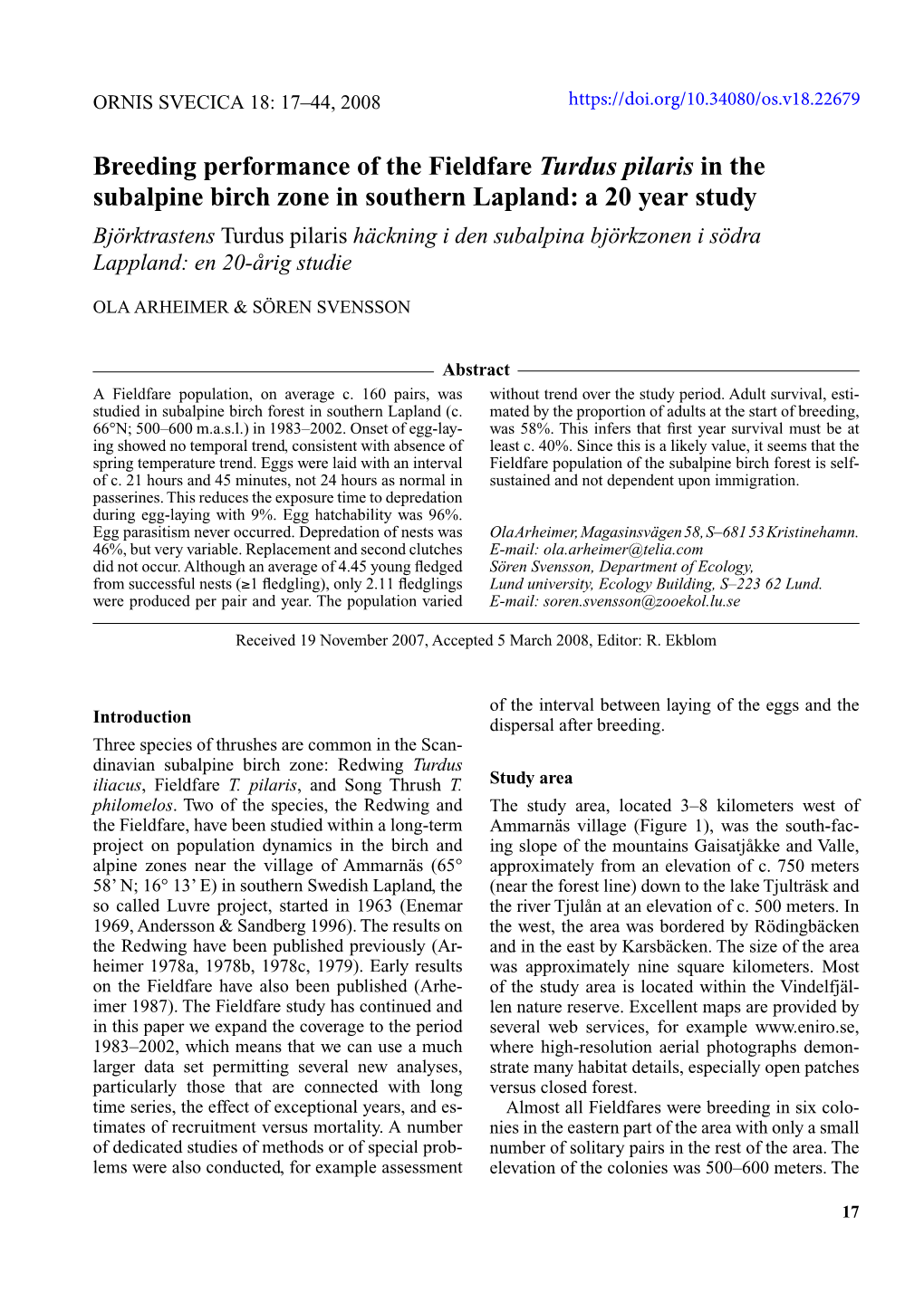 Breeding Performance of the Fieldfare Turdus Pilaris in the Subalpine Birch