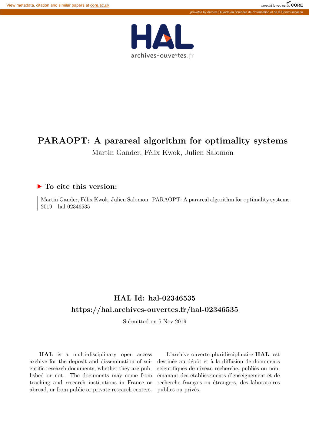 A Parareal Algorithm for Optimality Systems Martin Gander, Félix Kwok, Julien Salomon