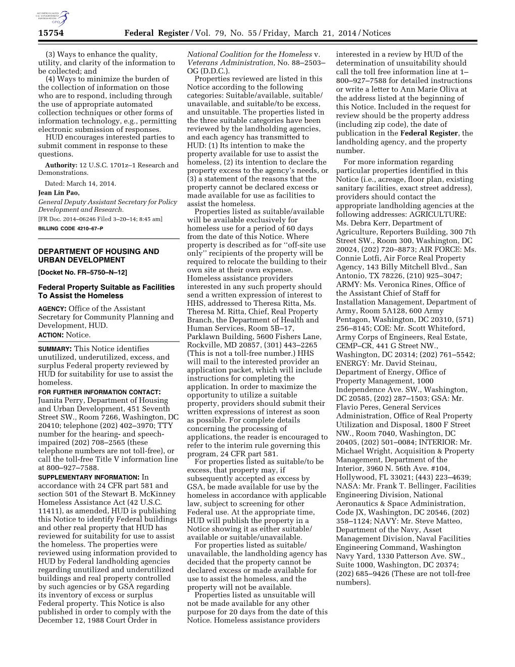 Federal Register/Vol. 79, No. 55/Friday, March 21, 2014/Notices