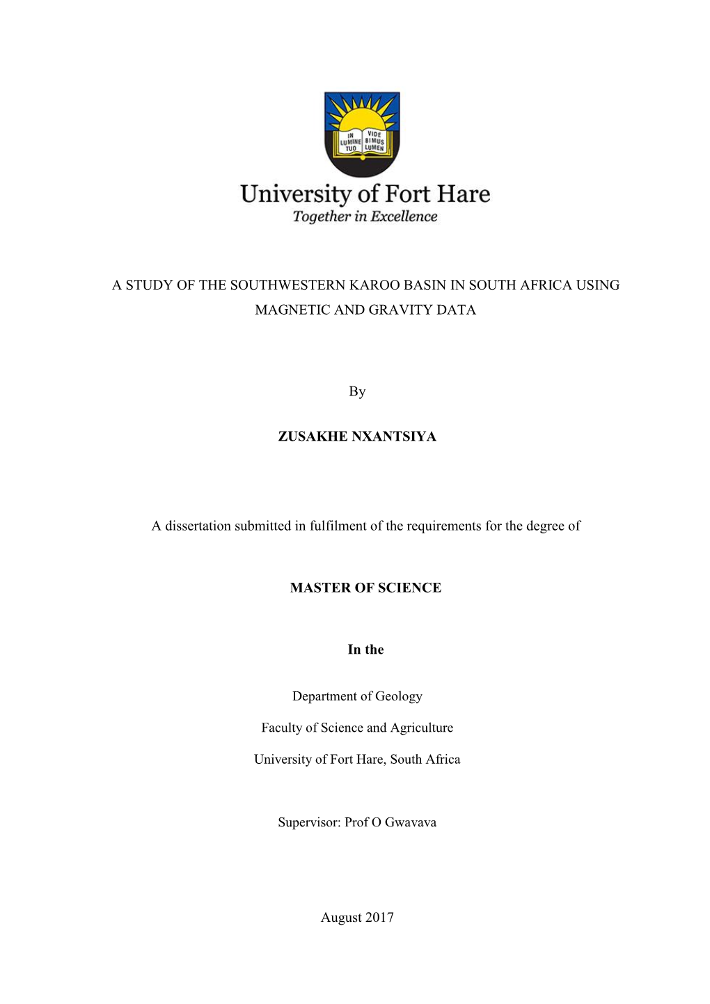 A Study of the Southwestern Karoo Basin in South Africa Using Magnetic and Gravity Data