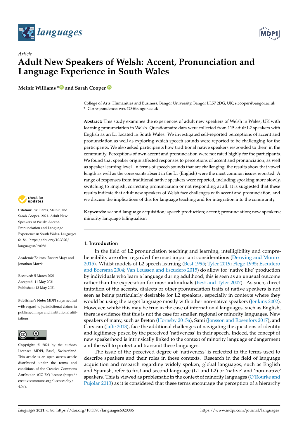 Adult New Speakers of Welsh: Accent, Pronunciation and Language Experience in South Wales