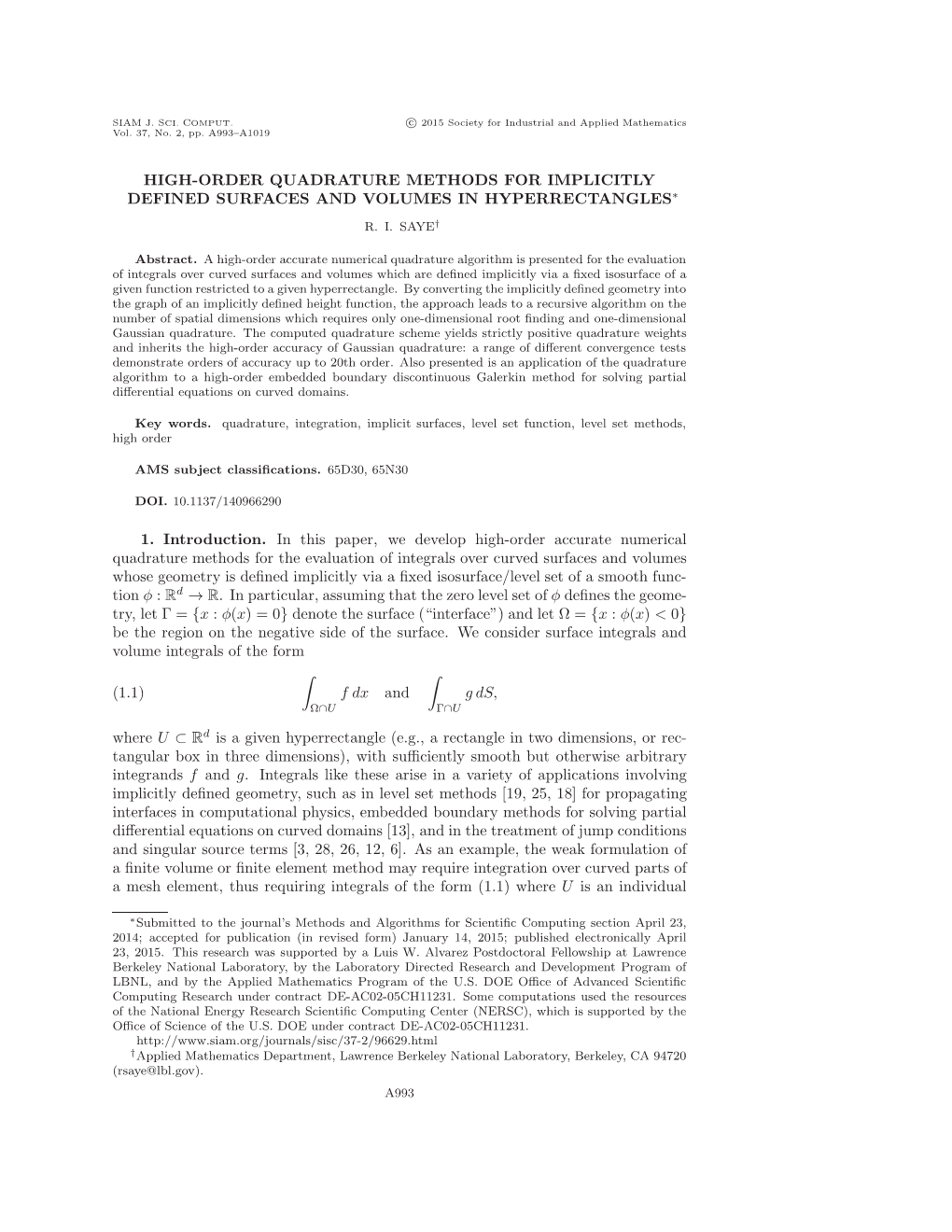 High-Order Quadrature Methods for Implicitly Defined Surfaces and Volumes in Hyperrectangles∗