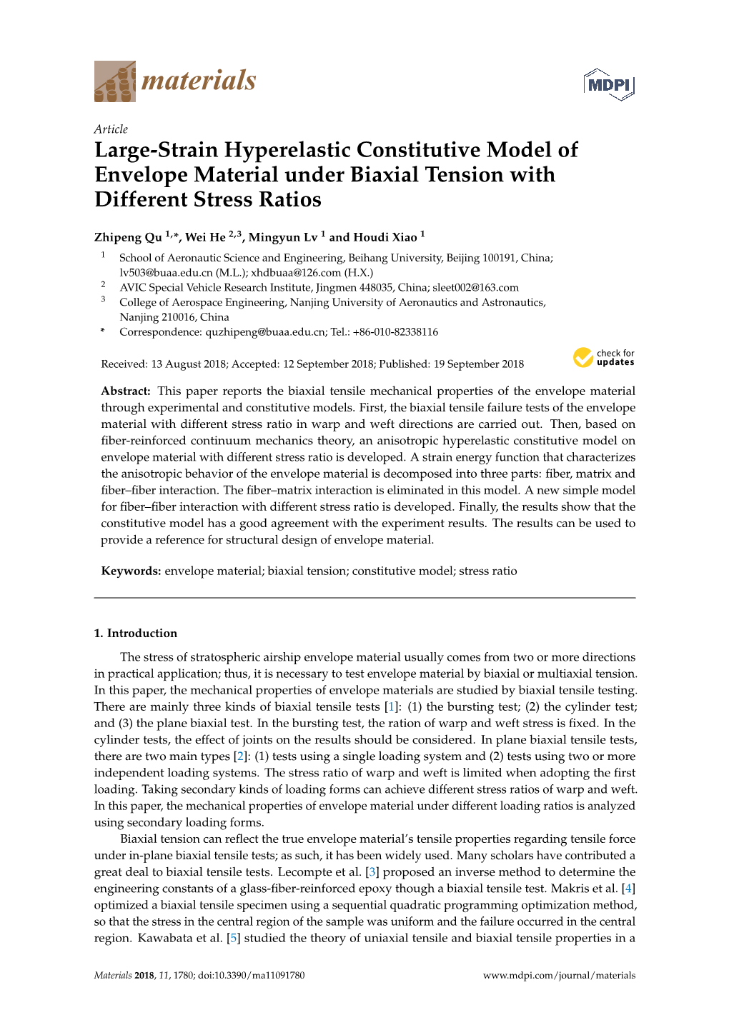 Large-Strain Hyperelastic Constitutive Model of Envelope Material Under Biaxial Tension with Different Stress Ratios