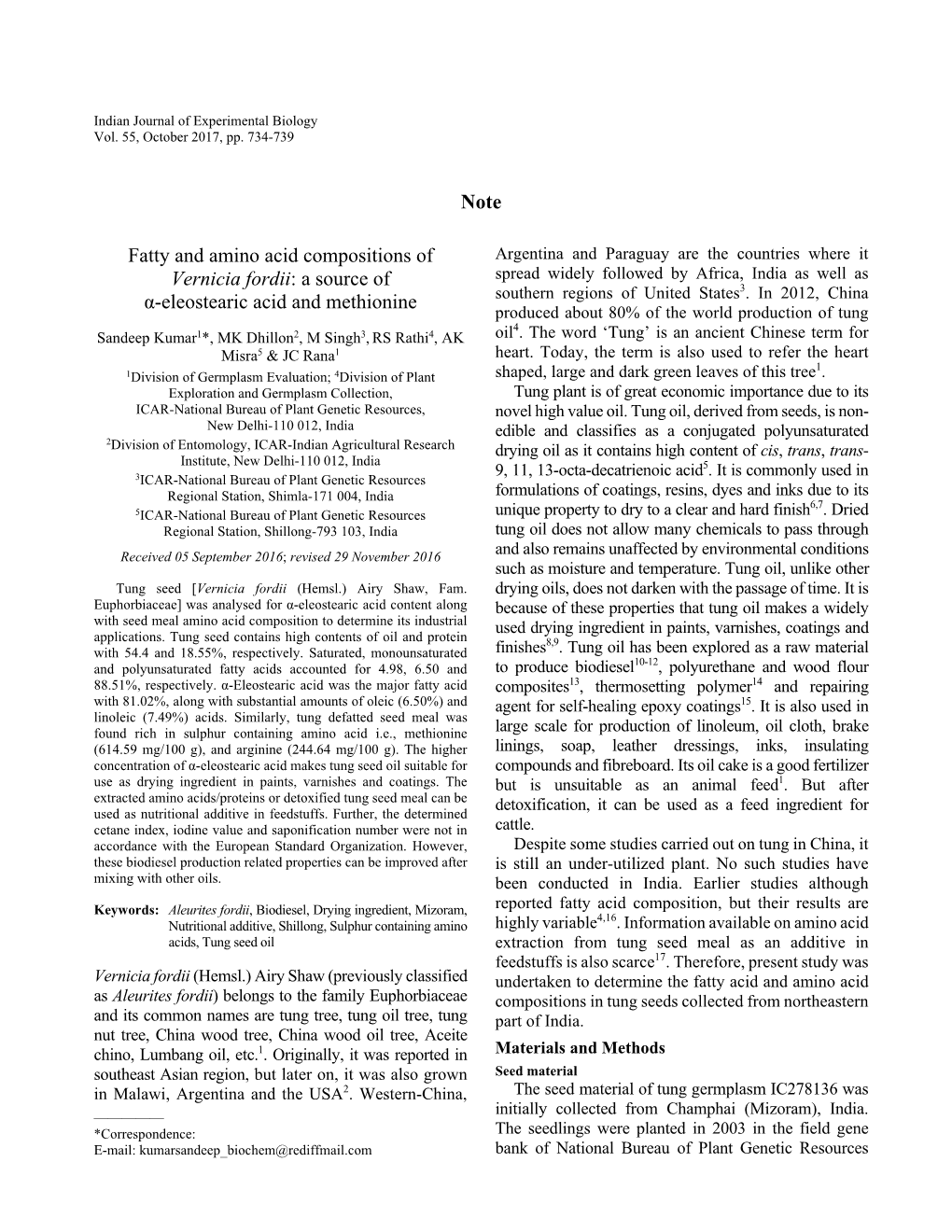 Note Fatty and Amino Acid Compositions of Vernicia Fordii