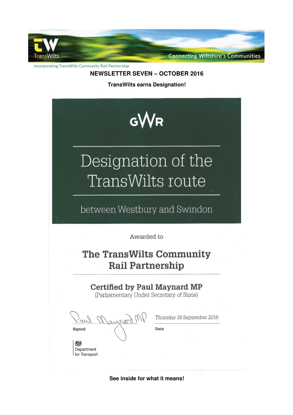 OCTOBER 2016 Transwilts Earns Designation!