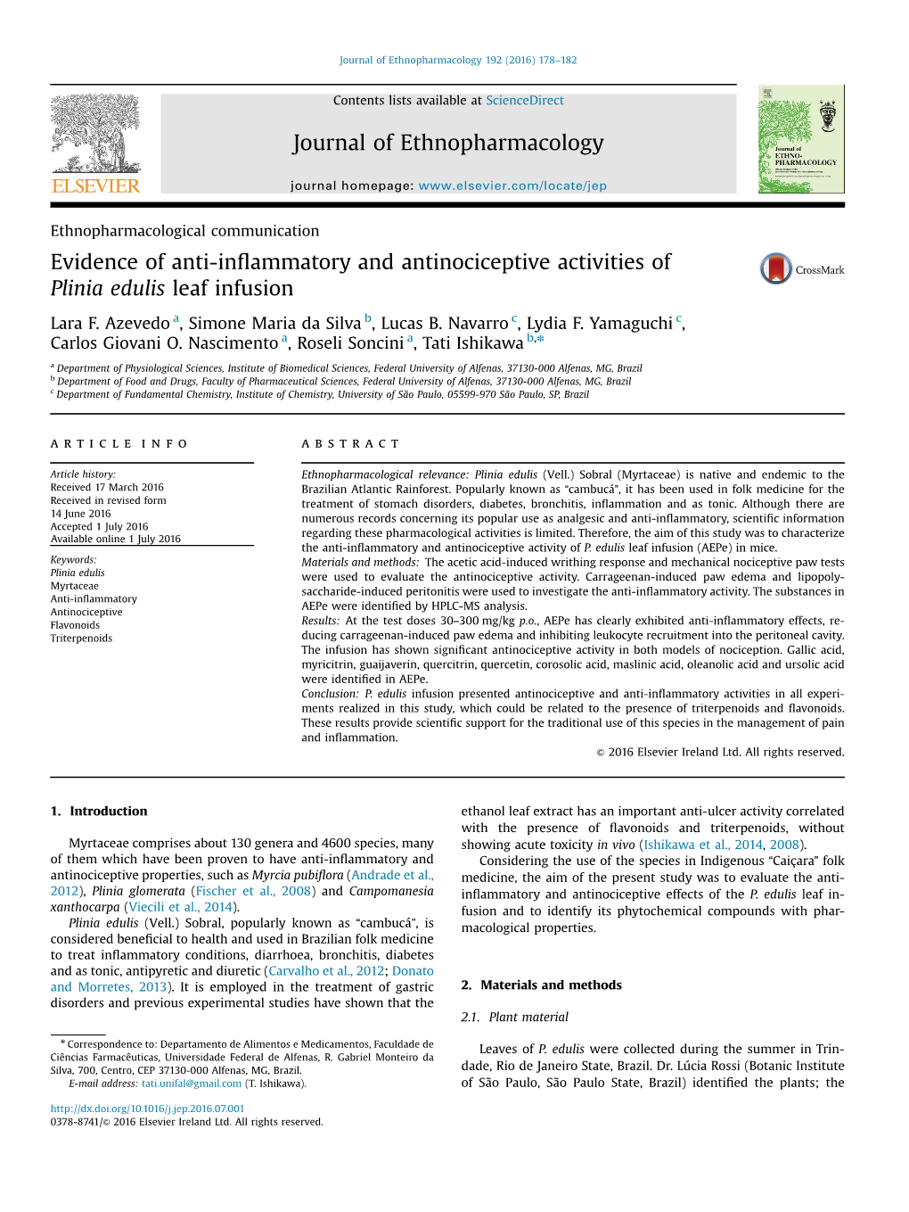 Evidence of Anti-Inflammatory and Antinociceptive Activities of Plinia