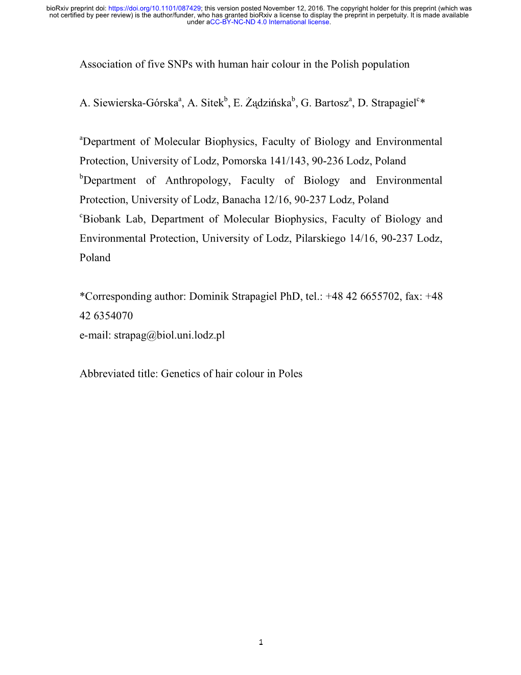 Association of Five Snps with Human Hair Colour in the Polish Population