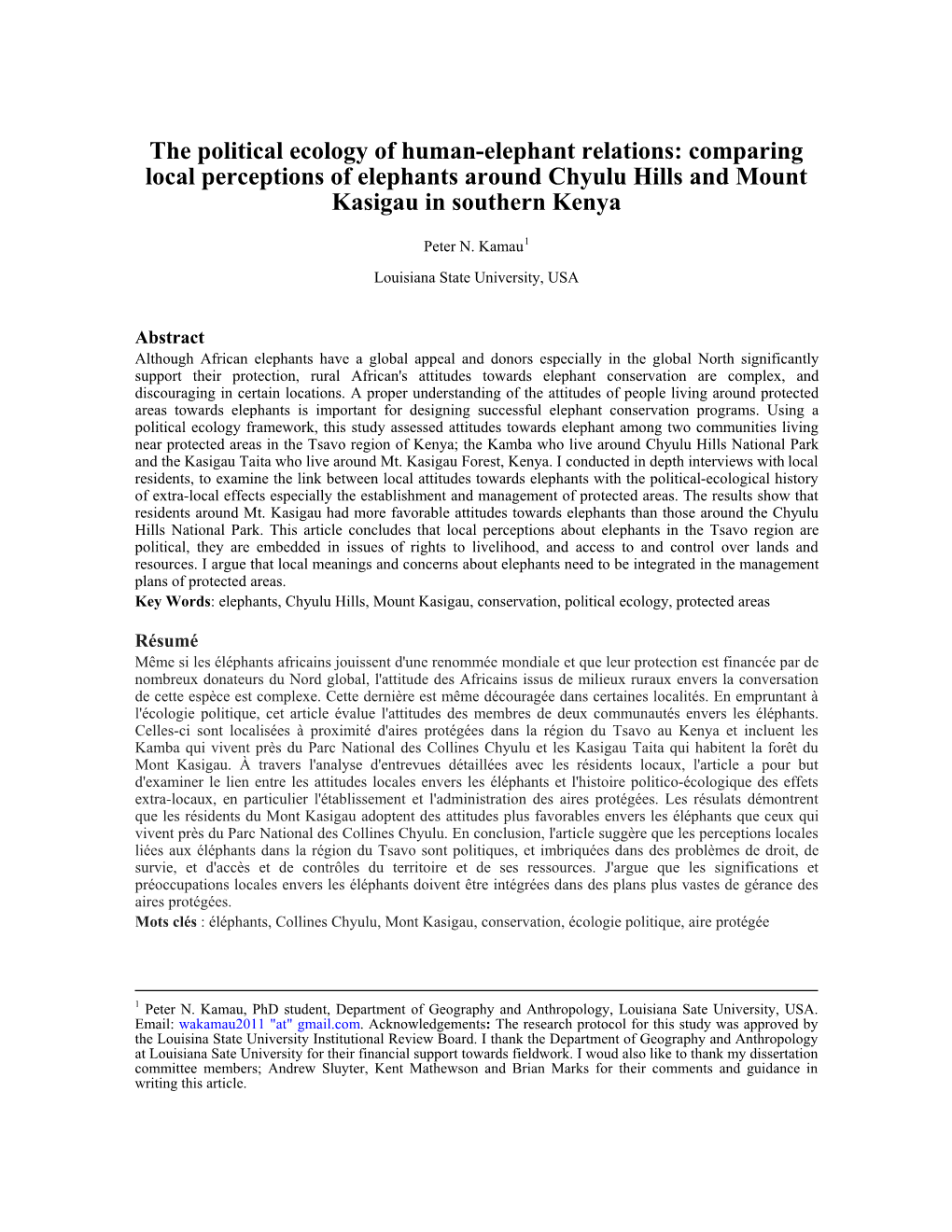 Comparing Local Perceptions of Elephants Around Chyulu Hills and Mount Kasigau in Southern Kenya