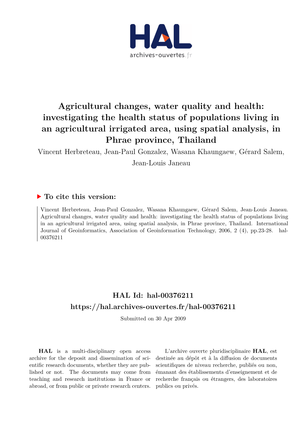 Agricultural Changes, Water Quality and Health