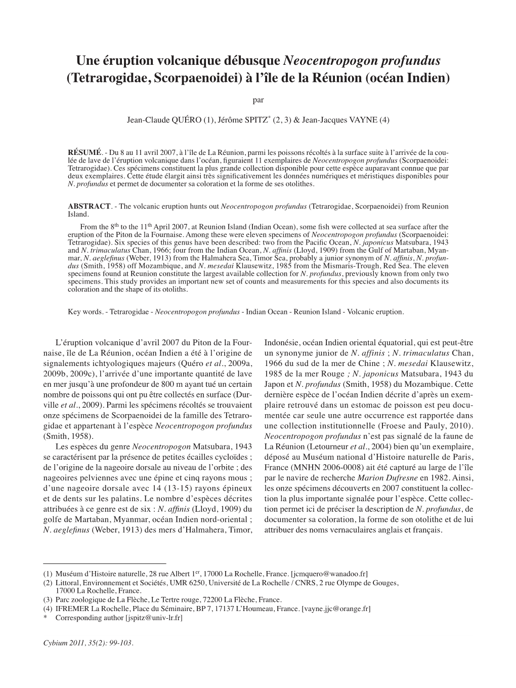 Une Éruption Volcanique Débusque Neocentropogon Profundus (Tetrarogidae, Scorpaenoidei) À L’Île De La Réunion (Océan Indien)