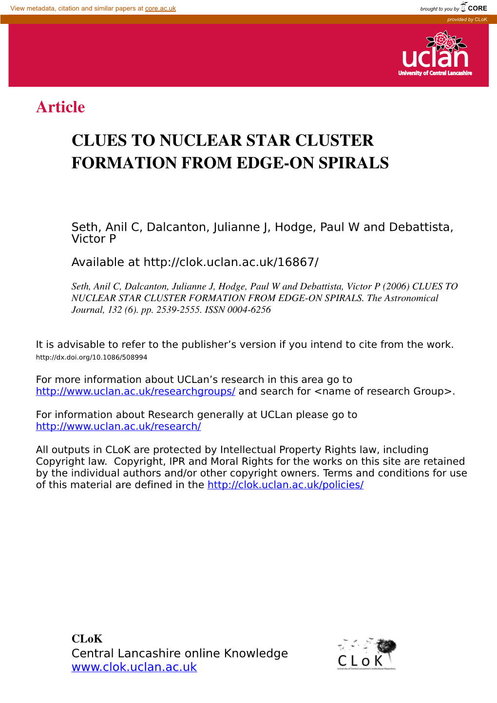 Article CLUES to NUCLEAR STAR CLUSTER FORMATION FROM