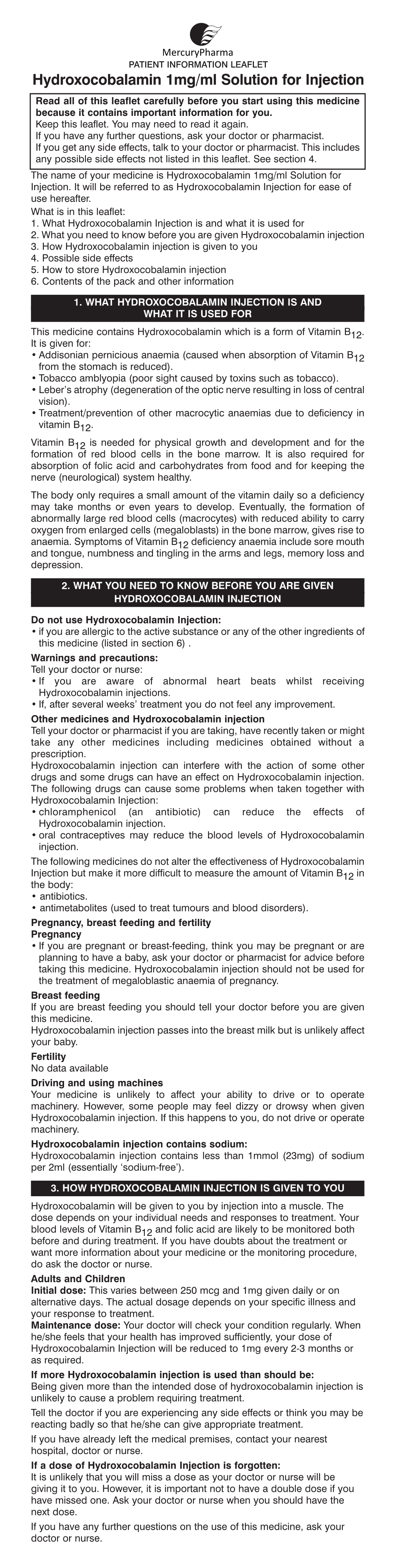 Hydroxocobalamin 1Mg/Ml Solution for Injection