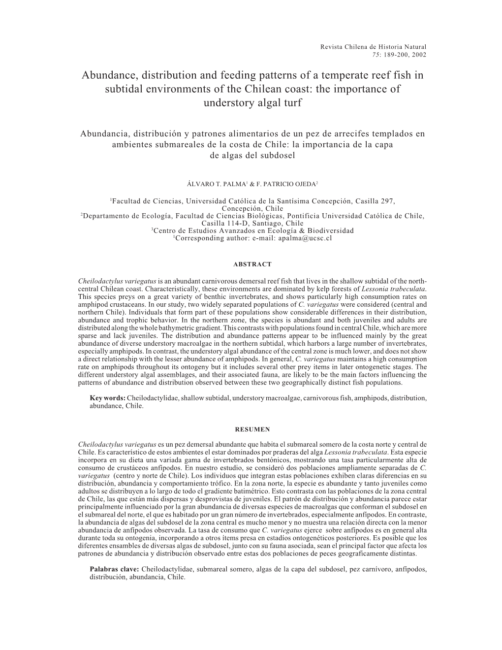 Abundance, Distribution and Feeding Patterns of a Temperate Reef Fish in Subtidal Environments of the Chilean Coast: the Importance of Understory Algal Turf