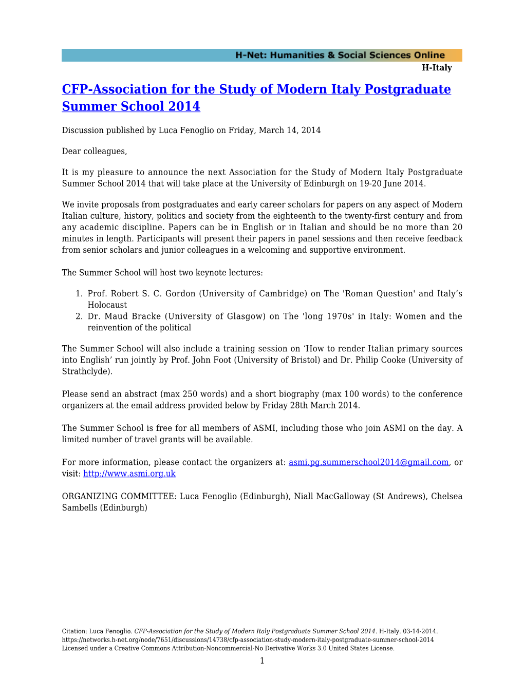 CFP-Association for the Study of Modern Italy Postgraduate Summer School 2014