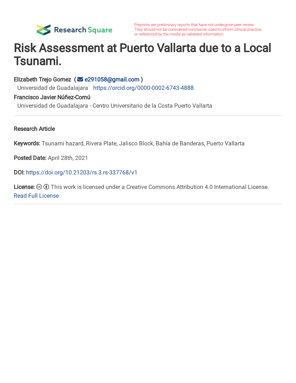 Risk Assessment at Puerto Vallarta Due to a Local Tsunami. Elizabeth