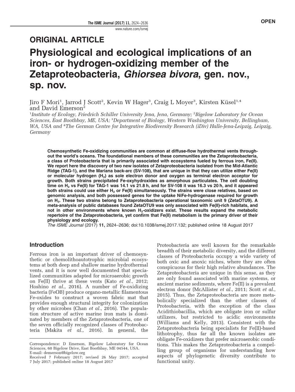 Physiological and Ecological Implications of an Iron- Or Hydrogen-Oxidizing Member of the Zetaproteobacteria, Ghiorsea Bivora, Gen