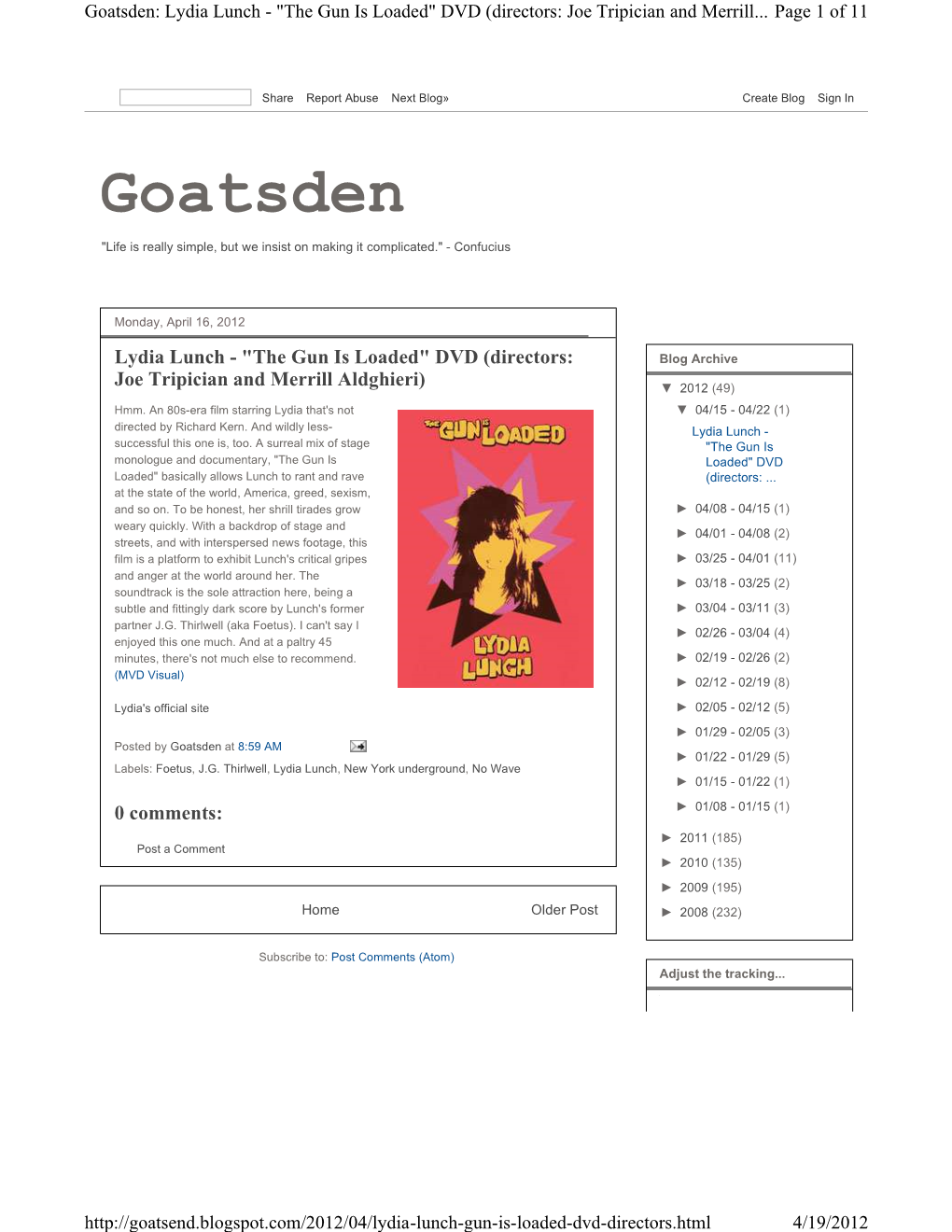 Goatsden: Lydia Lunch - "The Gun Is Loaded" DVD (Directors: Joe Tripician and Merrill