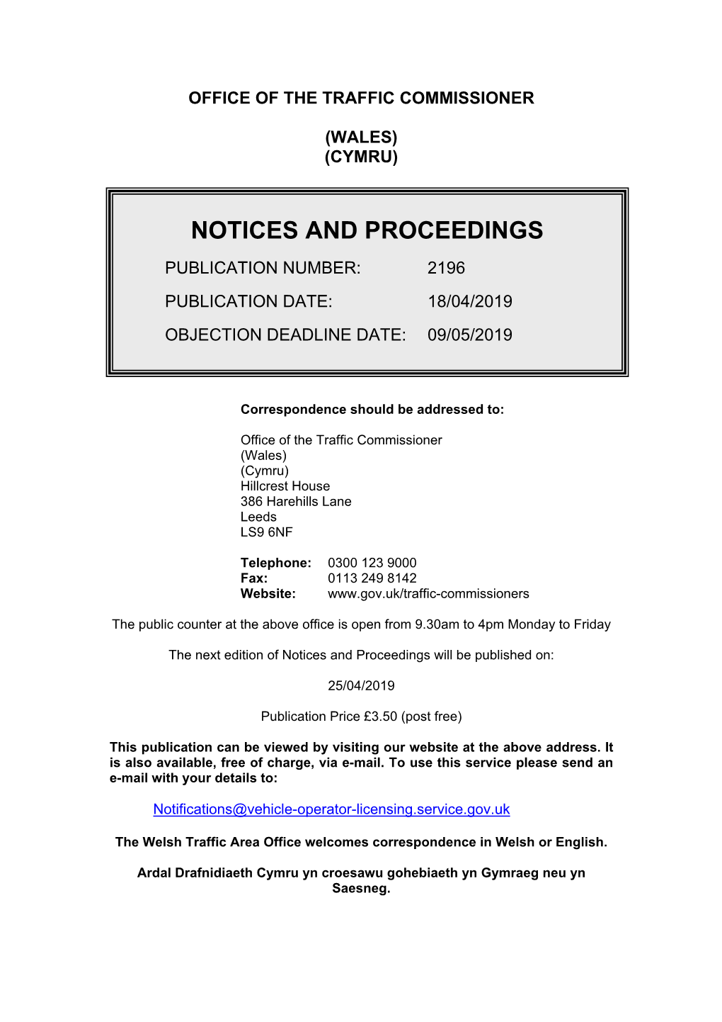 Notices and Proceedings: Wales: 18 April 2019