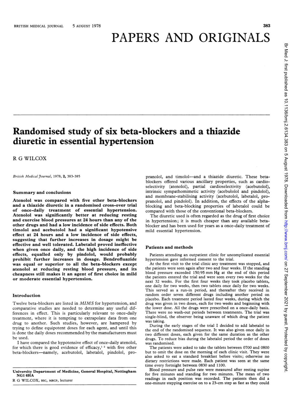 Randomised Study of Six Beta-Blockers and a Thiazide Diuretic in Essential Hypertension