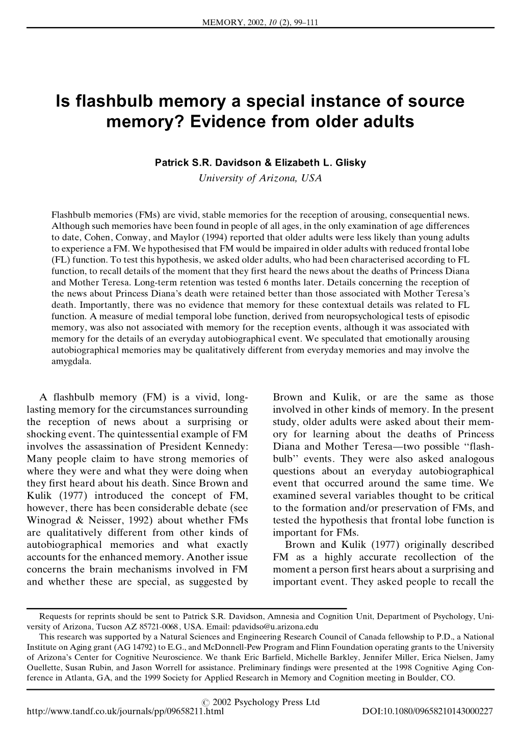 Is Flashbulb Memory a Special Instance of Source Memory? Evidence from Older Adults