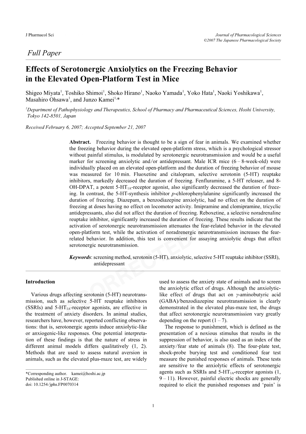 Effects of Serotonergic Anxiolytics on the Freezing Behavior in the Elevated Open-Platform Test in Mice