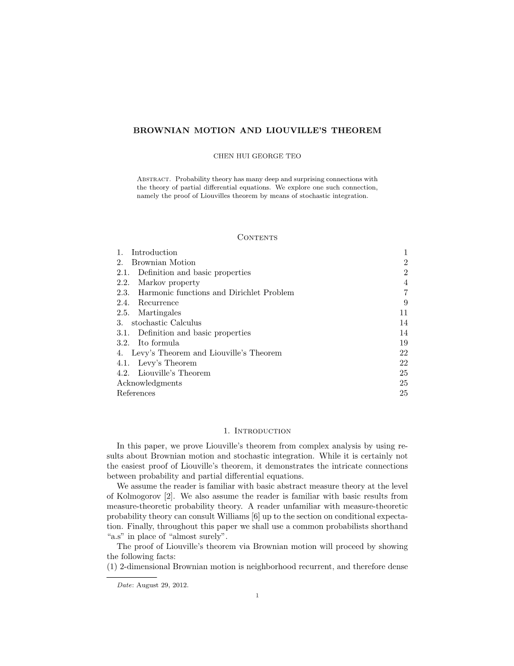 BROWNIAN MOTION and LIOUVILLE's THEOREM Contents