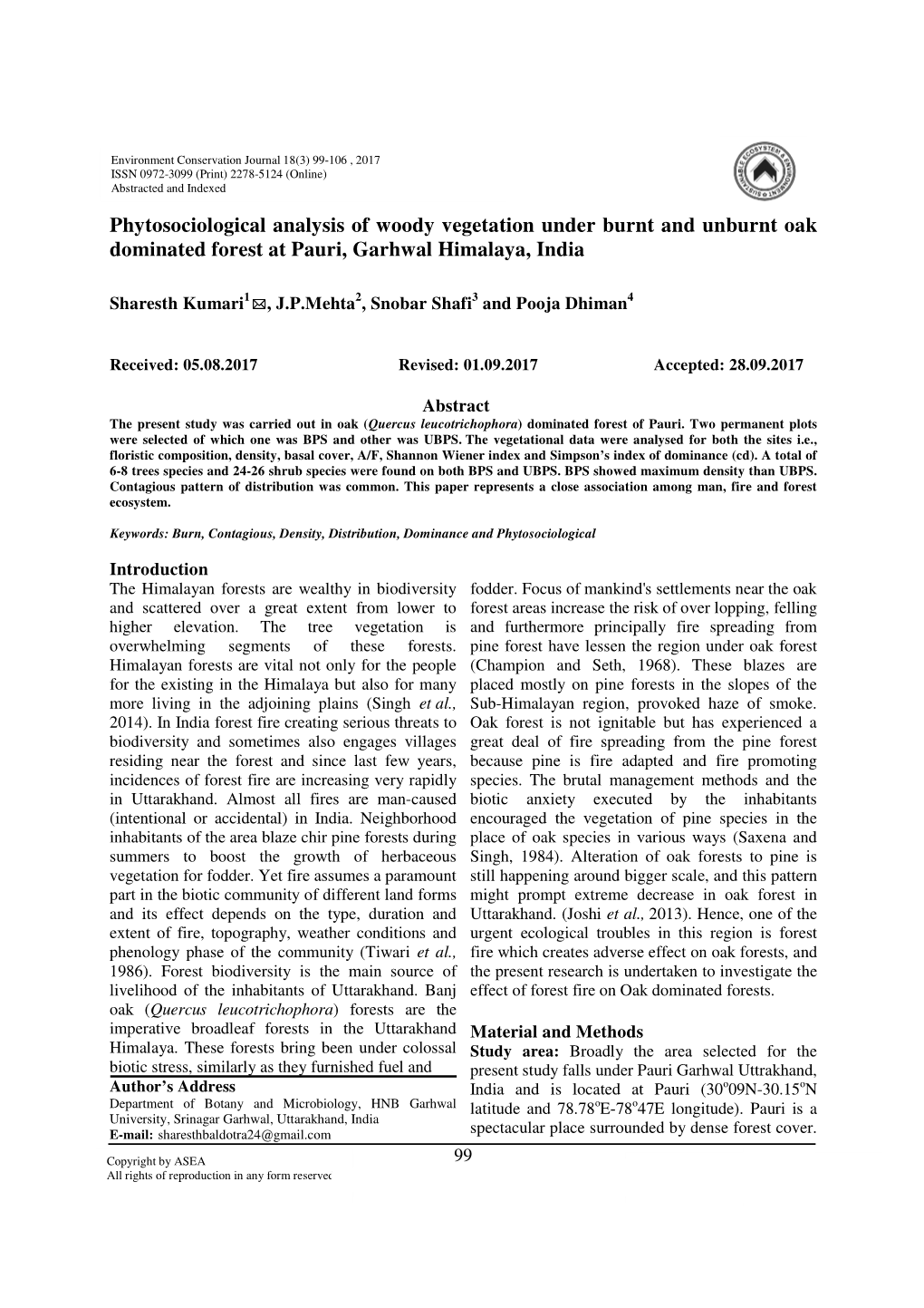 Phytosociological Analysis of Woody Vegetation Under Burnt and Unburnt Oak Dominated Forest at Pauri, Garhwal Himalaya, India