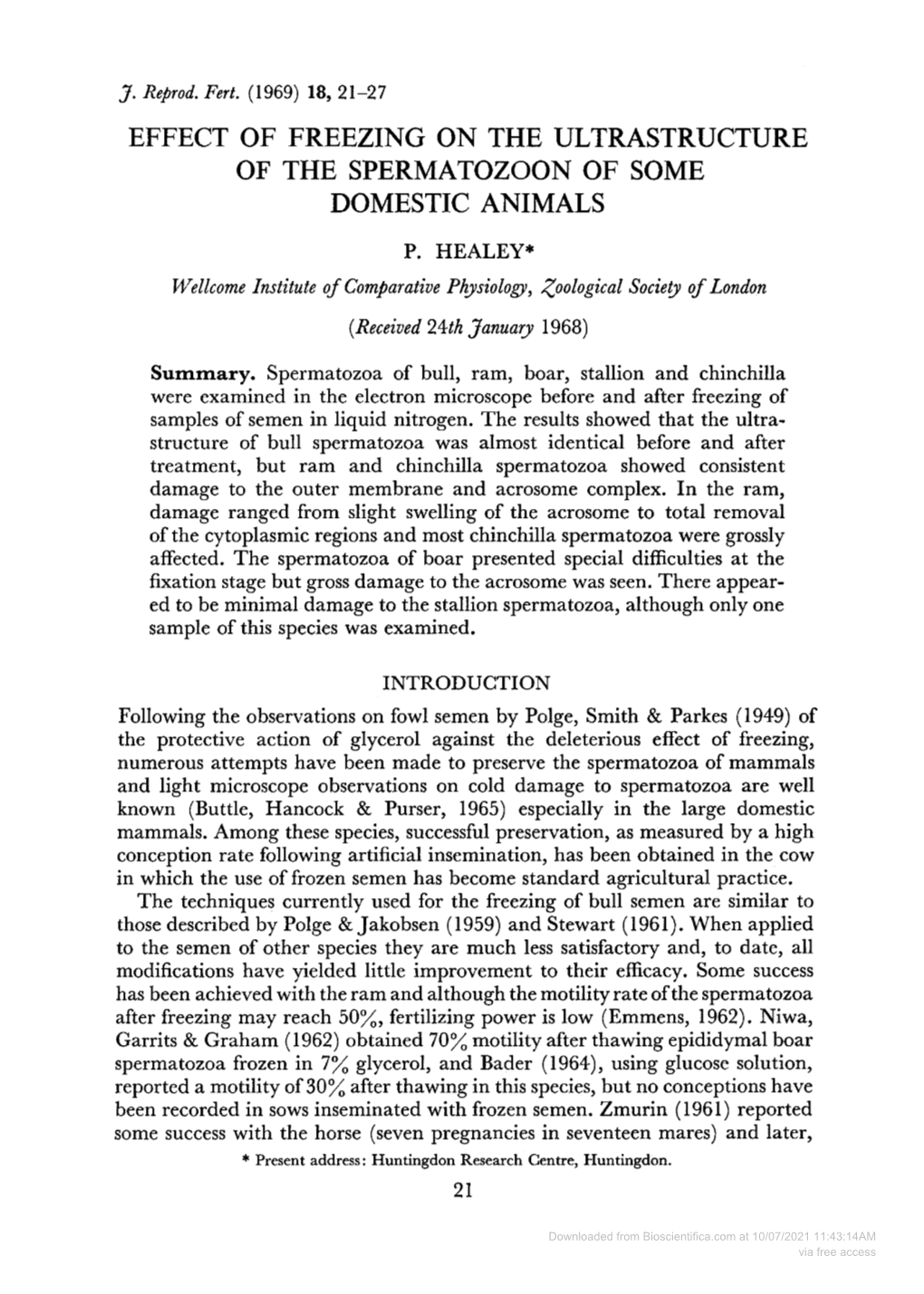 Effect of Freezing on the Ultrastructure of the Spermatozoon of Some Domestic Animals