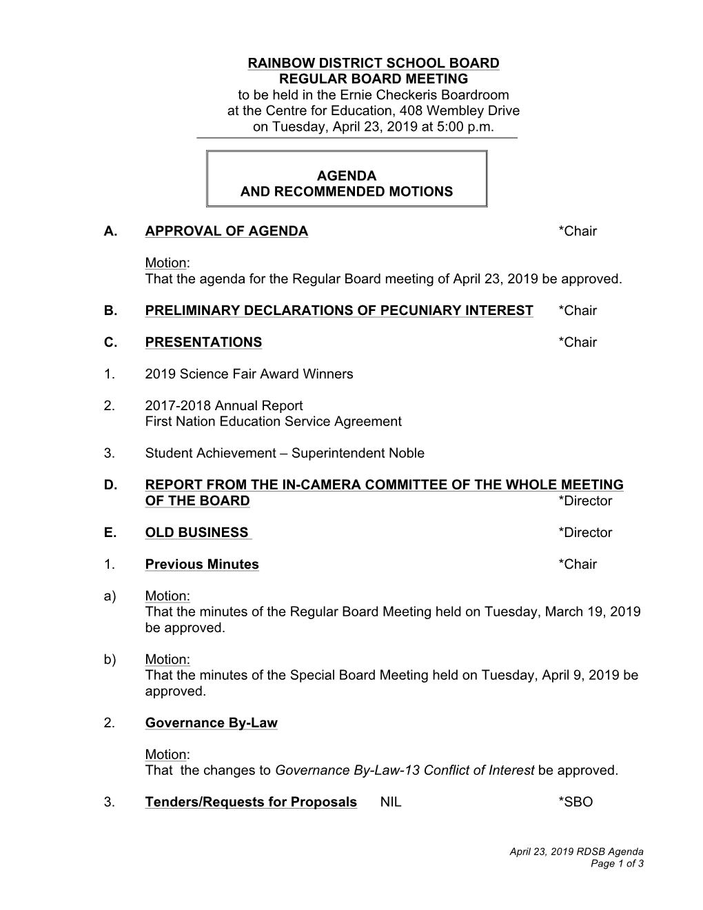 Agenda and Recommended Motions
