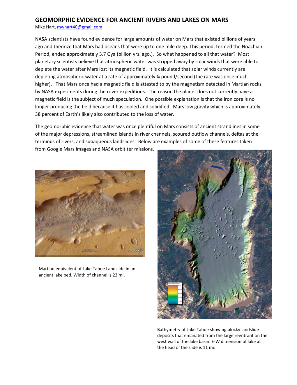 GEOMORPHIC EVIDENCE for ANCIENT RIVERS and LAKES on MARS Mike Hart, Mwhart40@Gmail.Com