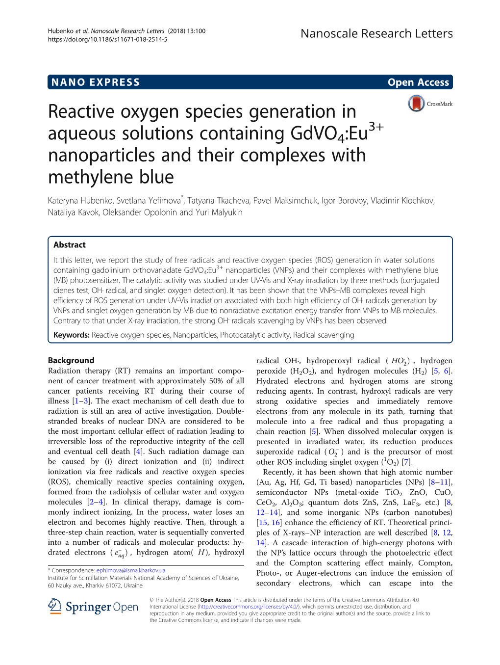 Reactive Oxygen Species Generation in Aqueous Solutions Containing