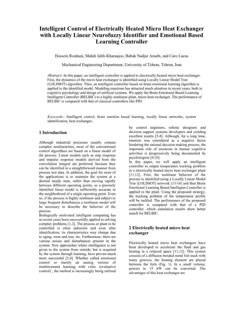 Intelligent Control of Electrically Heated Micro Heat Exchanger with Locally Linear Neurofuzzy Identifier and Emotional Based Learning Controller