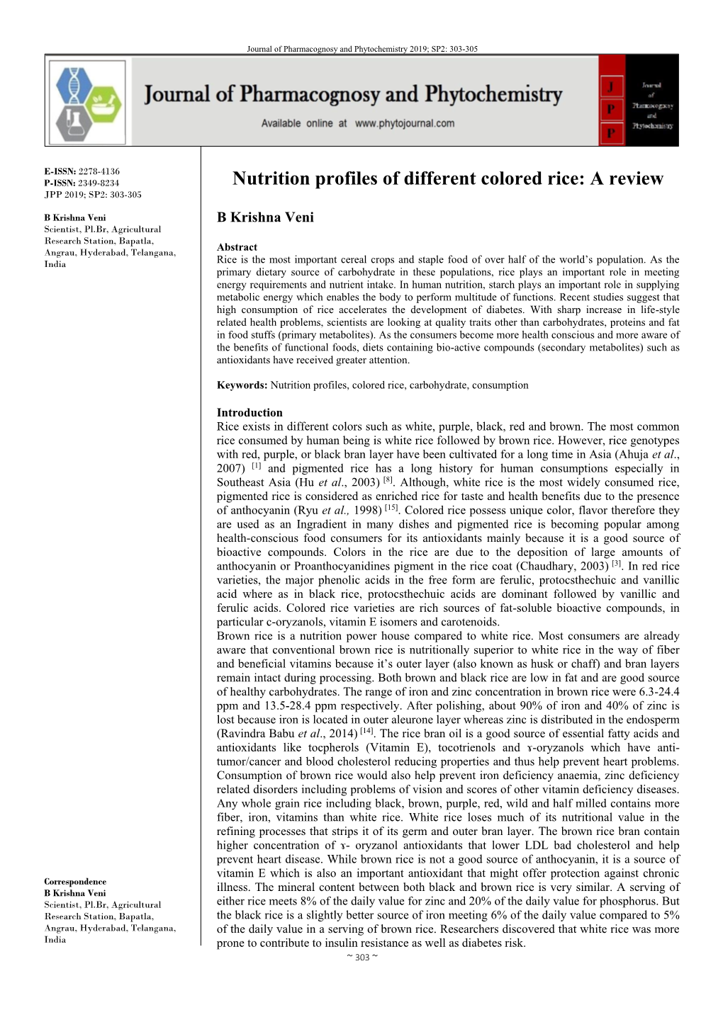 Nutrition Profiles of Different Colored Rice: a Review JPP 2019; SP2: 303-305