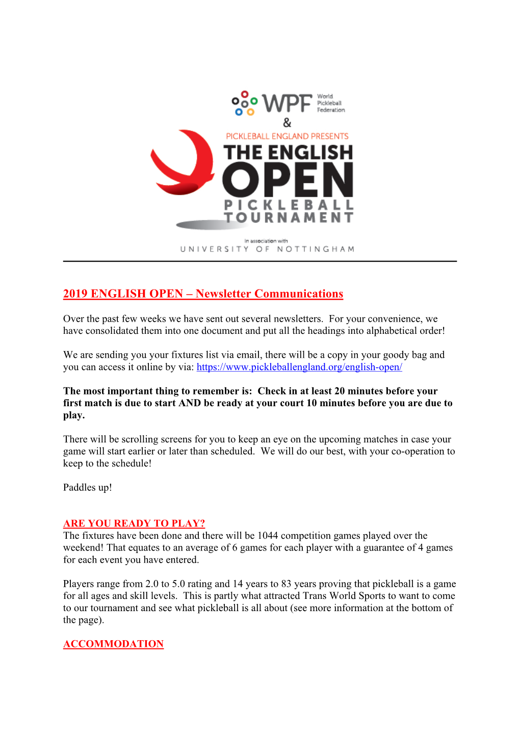 2019 ENGLISH OPEN – Newsletter Communications