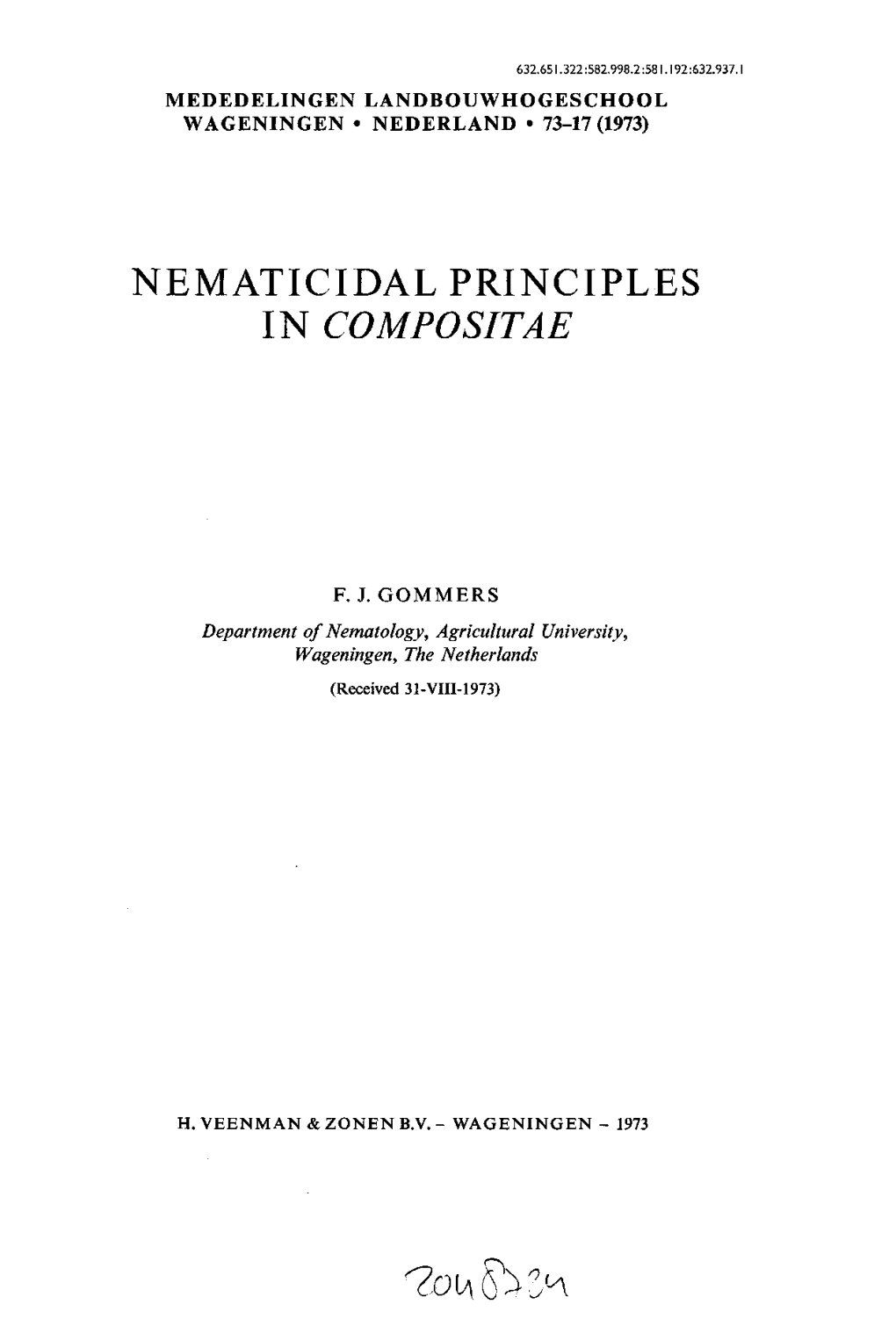 NEMATICIDAL PRINCIPLES in CO M PO SITAE •?Oi4&&gt;:&gt;\