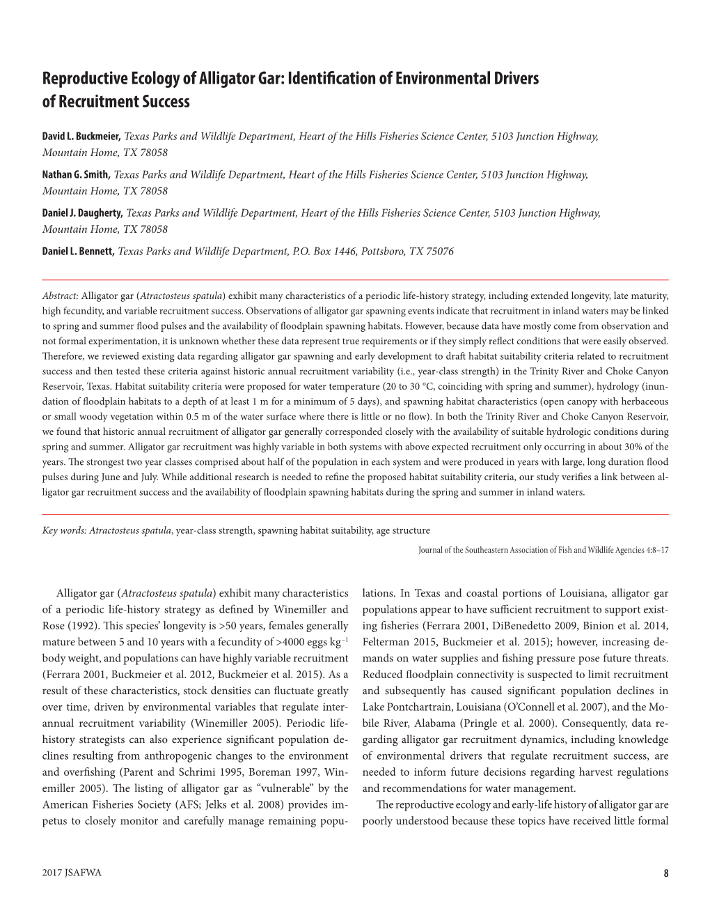 Reproductive Ecology of Alligator Gar: Identification of Environmental Drivers of Recruitment Success