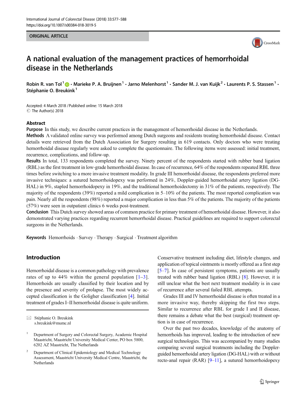 A National Evaluation of the Management Practices of Hemorrhoidal Disease in the Netherlands