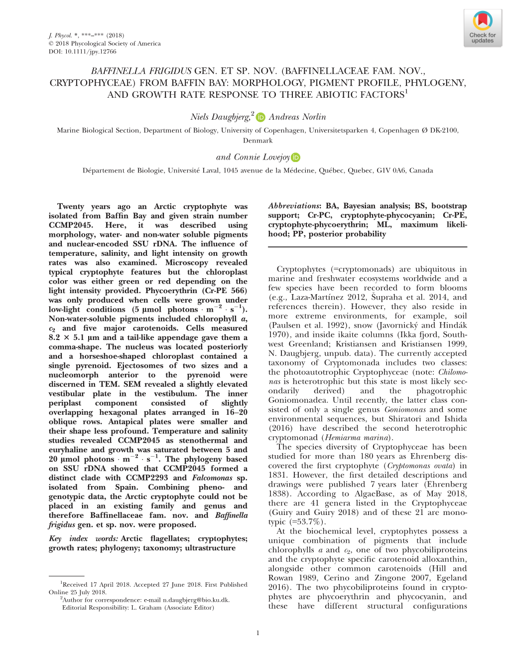 Baffinellaceae Fam. Nov., Cryptophyceae) from Baffin Bay: Morphology, Pigment Profile, Phylogeny, and Growth Rate Response to Three Abiotic Factors1