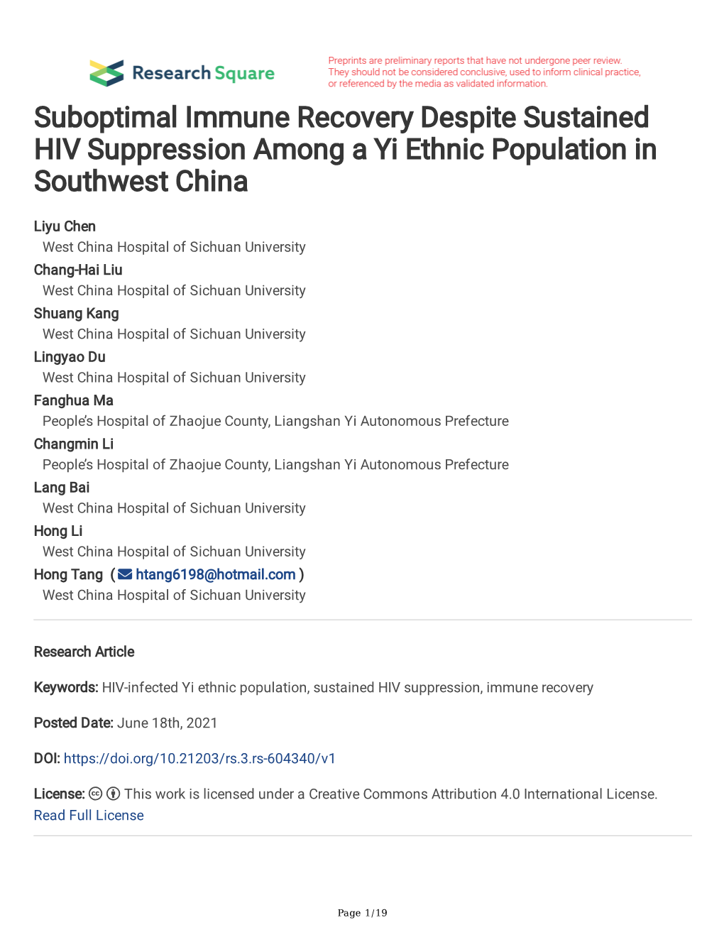 Suboptimal Immune Recovery Despite Sustained HIV Suppression Among a Yi Ethnic Population in Southwest China