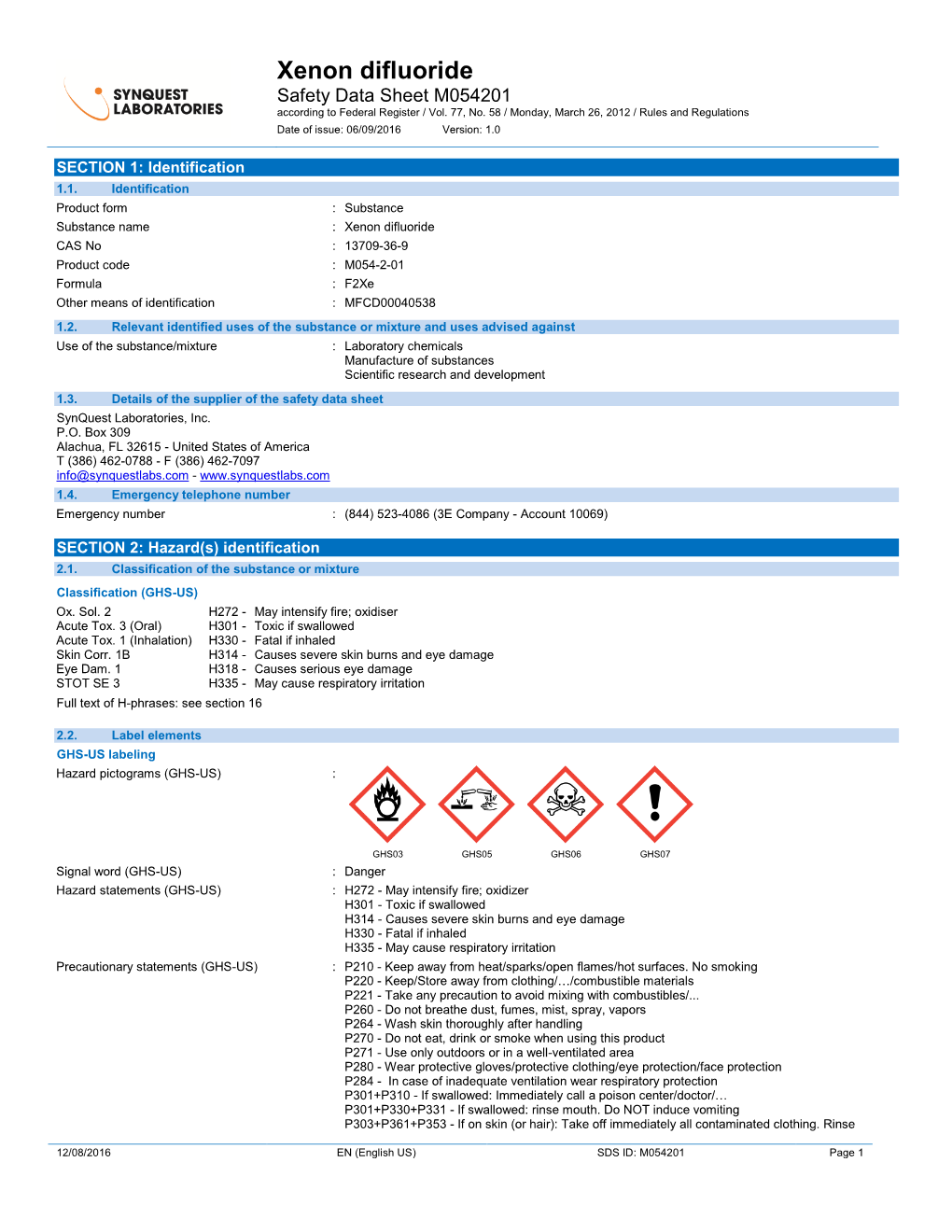 Xenon Difluoride Safety Data Sheet M054201 According to Federal Register / Vol