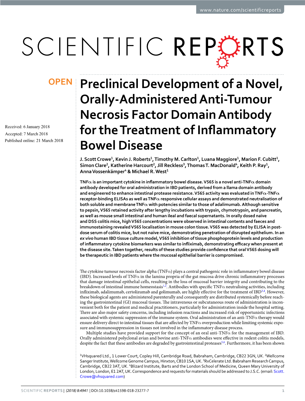 Preclinical Development of a Novel, Orally-Administered Anti-Tumour Necrosis Factor Domain Antibody for the Treatment of Inflamm