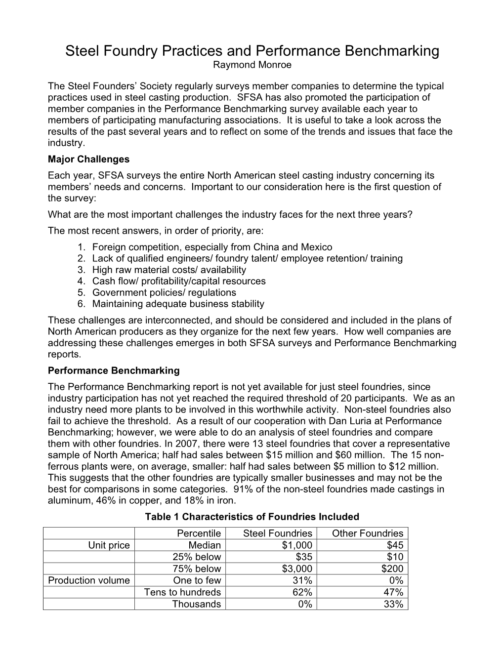 Steel Foundry Practices and Performance Benchmarking Raymond Monroe