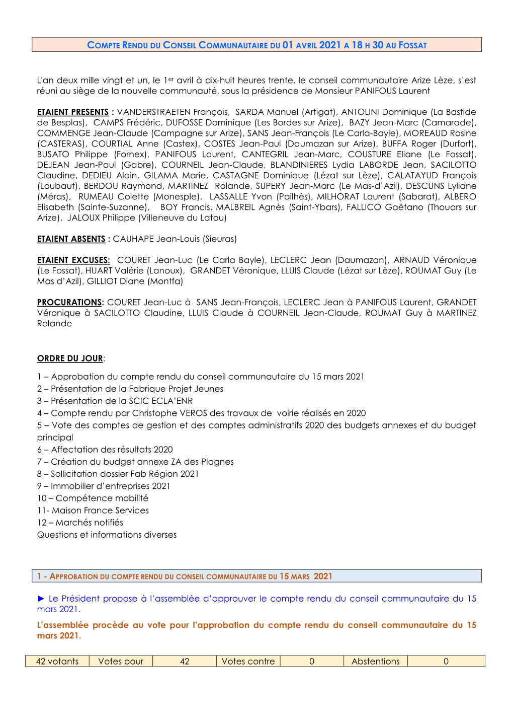 Compte Rendu Du Conseil Communautaire Du 01 Avril 2021 a 18 H 30 Au Fossat