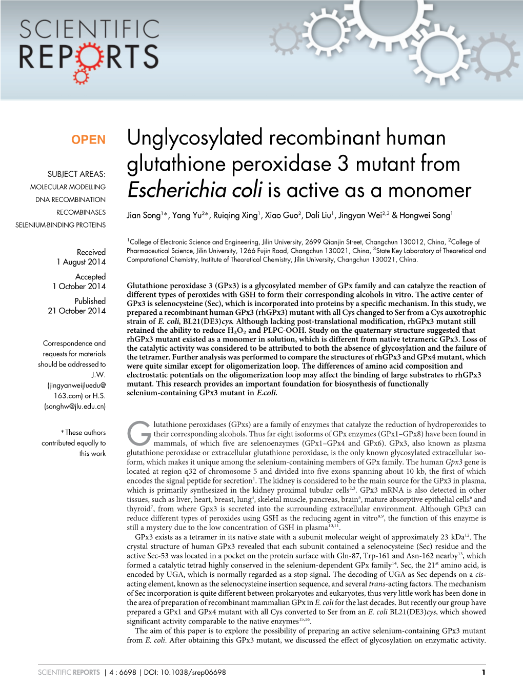 Unglycosylated Recombinant Human Glutathione Peroxidase 3 Mutant