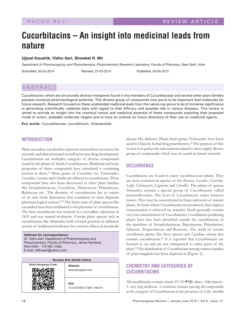 Cucurbitacins – an Insight Into Medicinal Leads from Nature