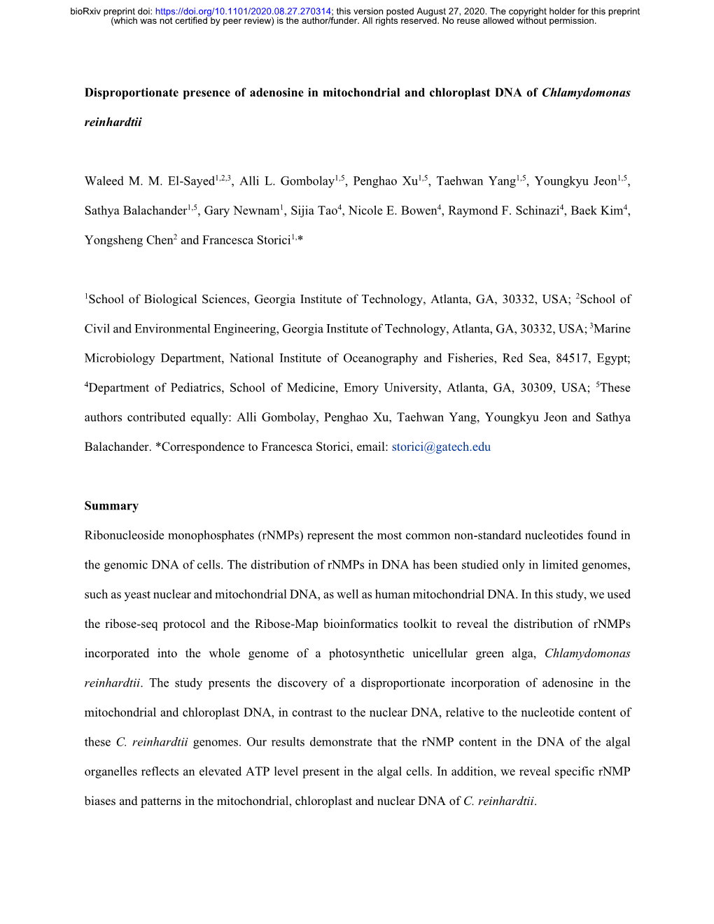 Disproportionate Presence of Adenosine in Mitochondrial and Chloroplast DNA of Chlamydomonas Reinhardtii