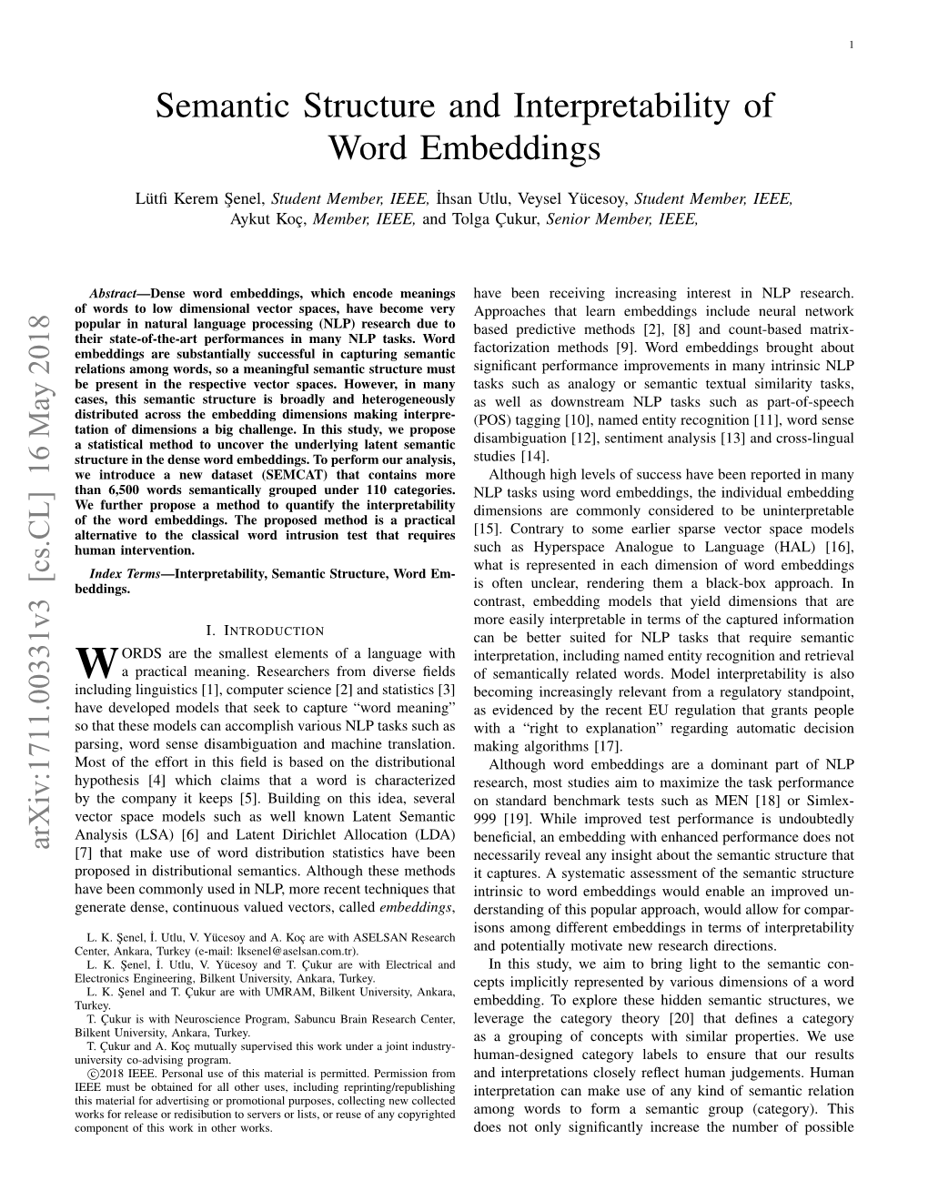 Semantic Structure and Interpretability of Word Embeddings