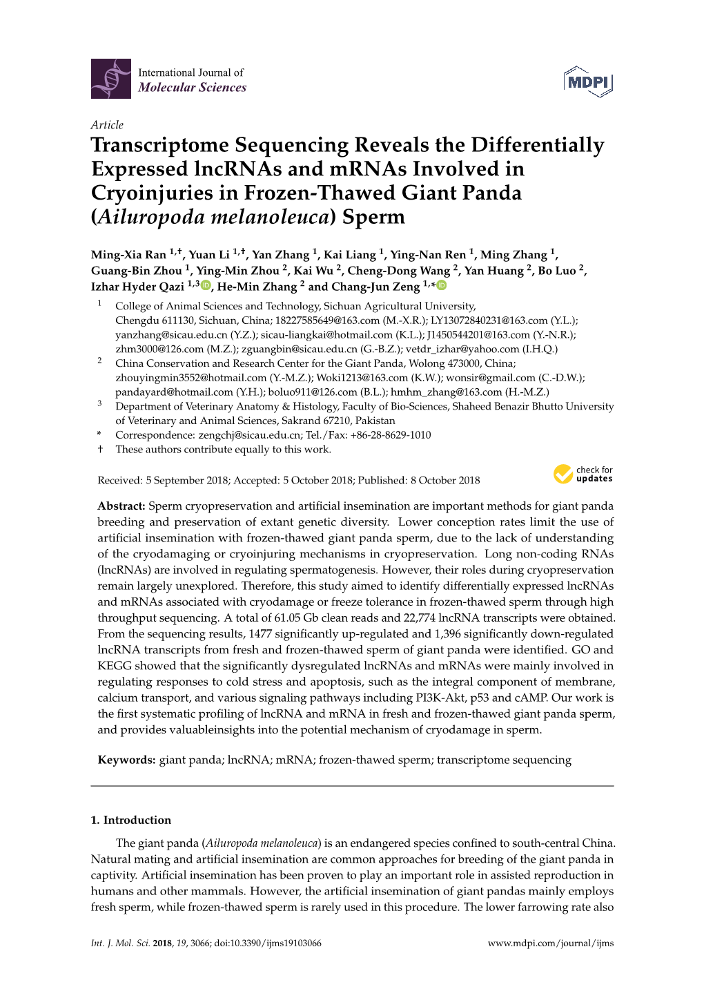 Transcriptome Sequencing Reveals the Differentially Expressed Lncrnas and Mrnas Involved in Cryoinjuries in Frozen-Thawed Giant Panda (Ailuropoda Melanoleuca) Sperm