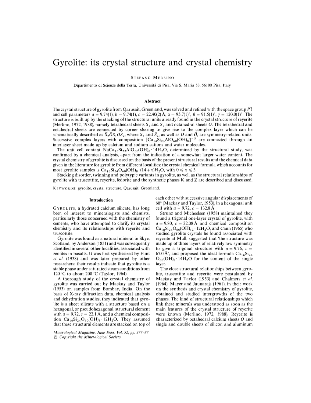 Gyrolite: Its Crystal Structure and Crystal Chemistry